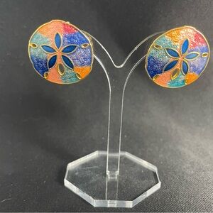 Vintage Sand Dollar Cloisonné Enamel on Gold Tone Earrings